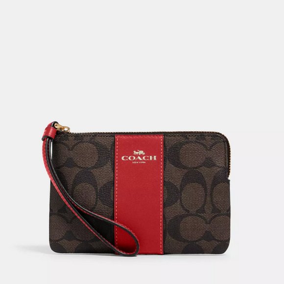 Coach Corner Zip Wristlet Wallet Brown / 1941 Red Signature Canvas Leather 58035 - Picture 1 of 3